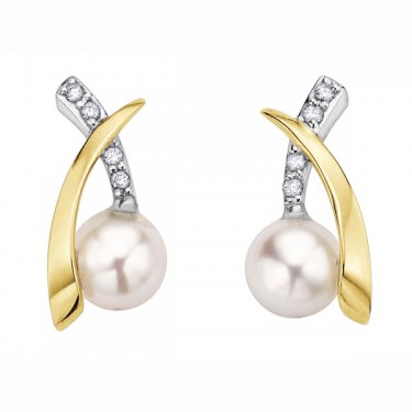 5mm Pearl and Diamond Accent Stud Earrings in 10K White and Yellow Gold (0.