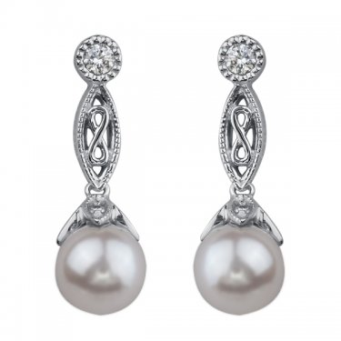 6mm Pearl and Diamond Drop Earrings in 14K Whit...