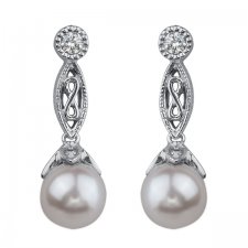 6mm Pearl and Diamond Drop Earrings in 14K White Gold (0.095 CT. T.W.)