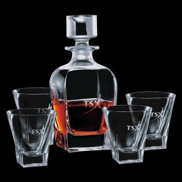 Chesswood Decanter and 4 On The Rocks Glasses
