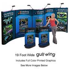 Coyote Gull-Wing - SYNC-GULL - 20' (89 x 240) - PopUp Display - Graphic Mural Panels - Front Printed + Endcaps - w. Molded Freight Case & Lights
