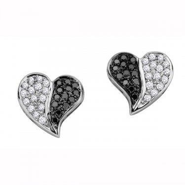 Heart Shaped Black and White Diamond Stud Earrings in 10K White Gold (0.28 