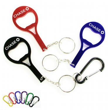 Tennis Racket Shape Aluminum Bottle Opener w/ Split Key Ring & Carabiner