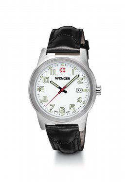 Large Swiss Field Classic White Dial Watch with Black Leather Strap