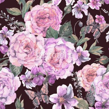 Seamless background with roses and butterfly - 901150404