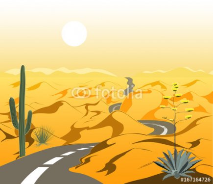 Beautiful desert landscape with asphalt road and cactus. Cartoon vector illustration.