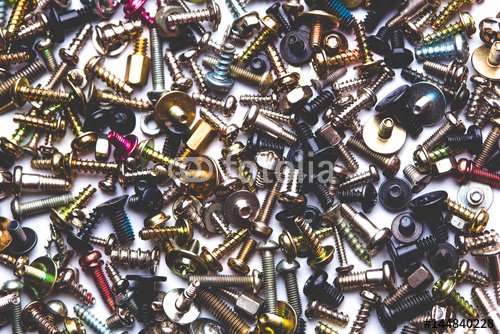 close up assortment many different bolts and screws. - 901150441