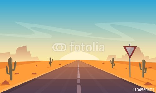 Desert landscape with asphalt road, cartoon vector illustration. - 901150449