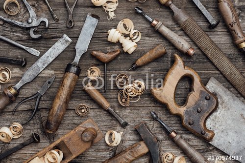 Old carpentry tools on the workbench