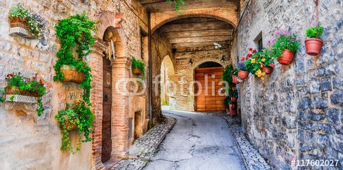 Beautiful street decoration with flowers in medieval town Spello