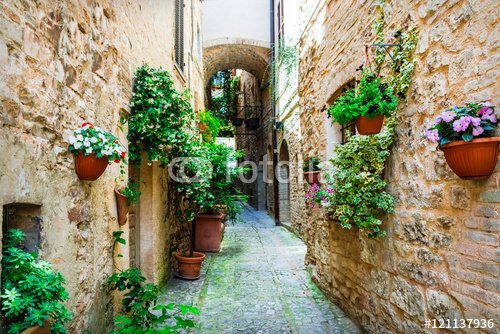 beautiful village Spello (Umbria, Italy) with floral streets - 901150558