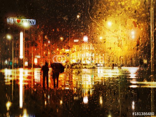Couple at the rain at the city