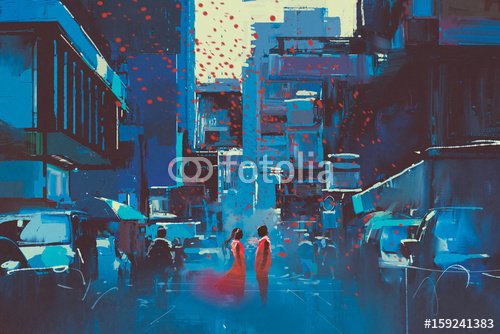 couple in red standing in blue city with digital art style, illustration painting