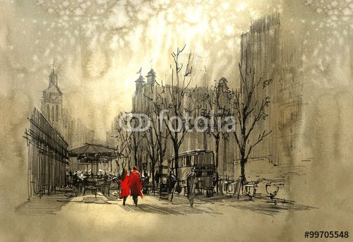 couple in red walking on street of city,freehand sketch - 901150698