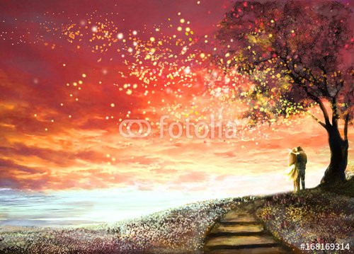 Fantasy illustration with beautiful sky, stars.  woman and man under an tree ... - 901150702