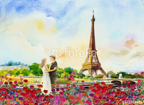 France, eiffel tower and couple love man, woman