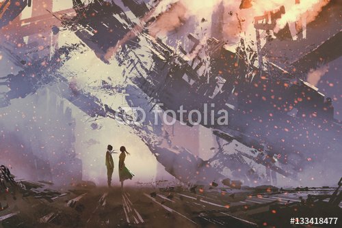 man and woman standing against collapsing buildings city,illustration painting - 901150709