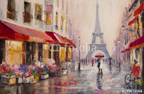 Original oil painting on canvas - Paris - Eiffel Tower - A pair of lovers under an umbrella - Modern Art