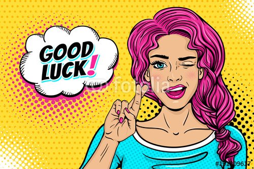 Pop art female face. Sexy young woman winks with pink hair and open smile, crossed fingers for luck symbol and Good Luck speech bubble on halftone. Vector colorful illustration in retro comic style.