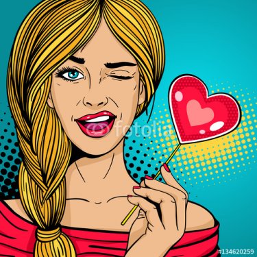 Pop art girl. Young sexy blonde woman with red paper heart in her hand smiles... - 901150741