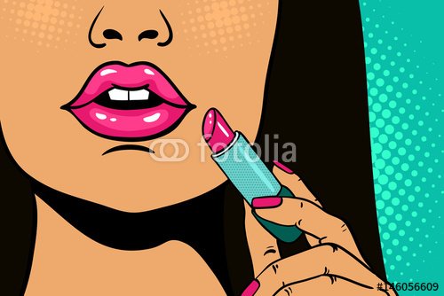 Pop art makeup. Closeup of sexy open female mouth and pink lipstick in hand. ... - 901150742