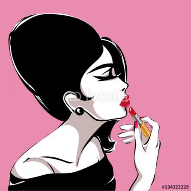Retro fashion woman makes makeup, applying red lipstick on lips, pop art style portrait vector