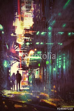 sci-fi concept of couple walking in alley at rainy night with digital art sty... - 901150710