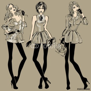 set of fashion women models sketch style hand drawn vector - 901150747