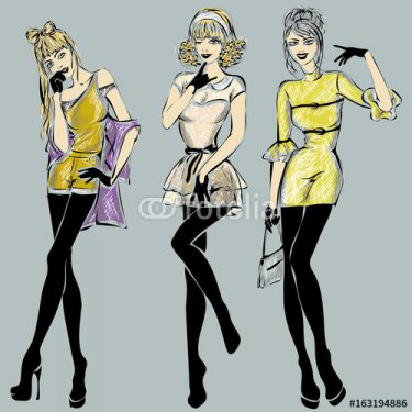 set of fashion women models sketch style hand drawn vector