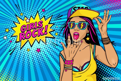 Sexy young girl in baseball cap, glasses with flash, hand with rock n roll sign and open mouth with tongue and Girls Rock speech bubble. Vector bright illustration in retro comic pop art style.