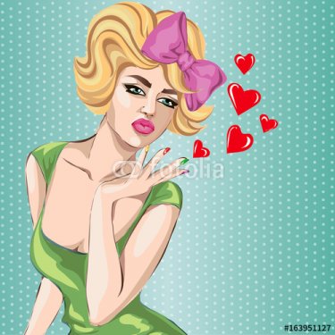 Valentines Day Pin-up sexy woman portrait with heart. Pop Art vector illustration