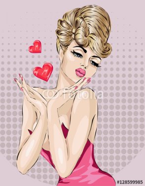 Valentines Day Pin-up sexy woman sending air kiss with hearts. Pop Art vector - 901150743