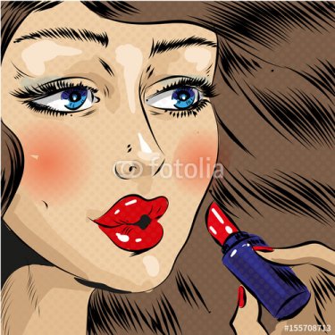 Vector pop art illustration of woman painting her lips - 901150723