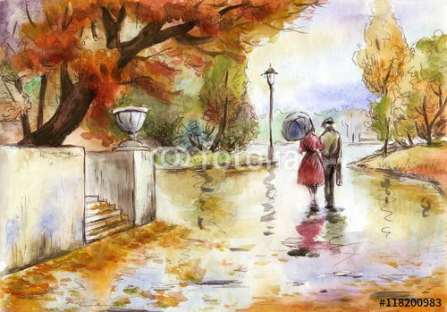 Watercolor hand drawn painting landscape with a couple in the autumn park - 901150700