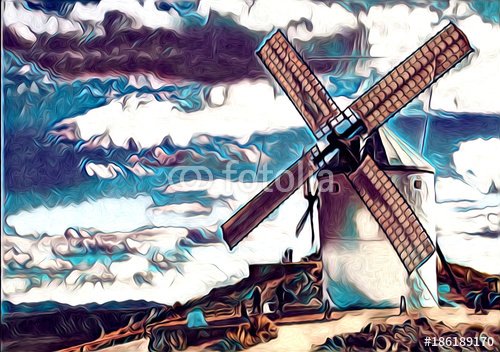 windmill old retro vintage art painting - 901150692