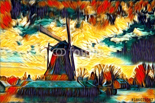 windmill old retro vintage art painting - 901150694