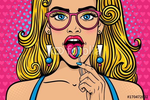 Wow female face. Closeup of sexy young woman in glasses with long blonde hair, open mouth, bright lollipop in her hand. Vector colorful background in pop art retro comic style.  Candy shop poster.