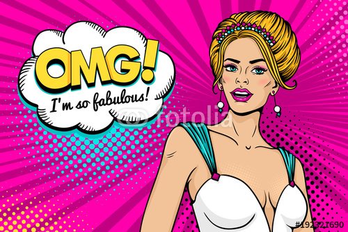 Wow female face. Sexy blonde woman with open mouth in elegant dress and tiara and OMG! speech bubble. Vector colorful background in pop art retro comic style. Party invitation poster. Birthday card.