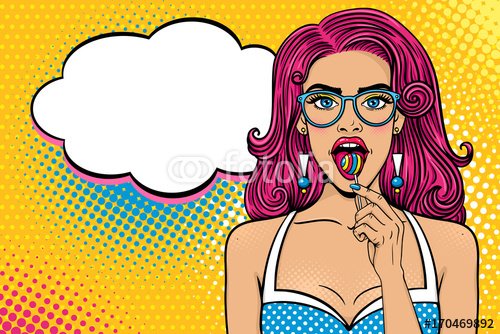Wow female face. Sexy girl in glasses with long pink hair open mouth bright lollipop in her hand and speech bubble. Vector colorful background in pop art retro comic style. Candy shop poster.