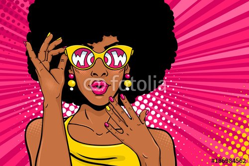 Wow pop art face. Sexy surprised black woman with african hair and open mouth... - 901150737