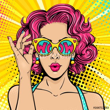 Wow pop art face. Sexy surprised woman with pink curly hair and open mouth ho... - 901150728
