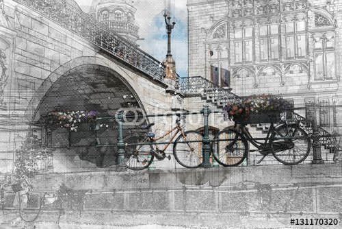 Bicycles under a bridge over the canals of Ghent. Watercolor and ink architectural drawing