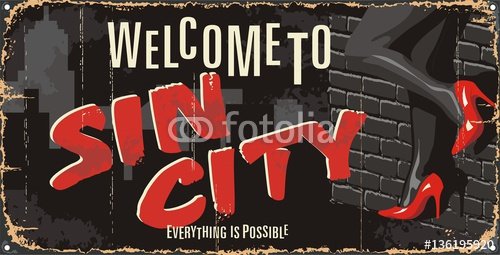 City vintage poster vector. Vintage tin sign with city. Sin City. Retro souvenirs or postcard templates on rust background.