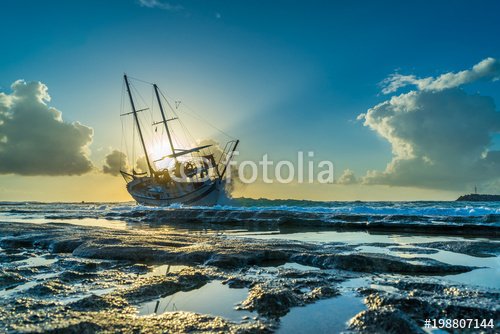 Fishing boat shipwreck or abandoned shipwreck. , Wrecked boat abandoned stand... - 901150877