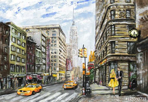 oil painting on canvas, street view of New York, man and woman, yellow taxi, ... - 901150858