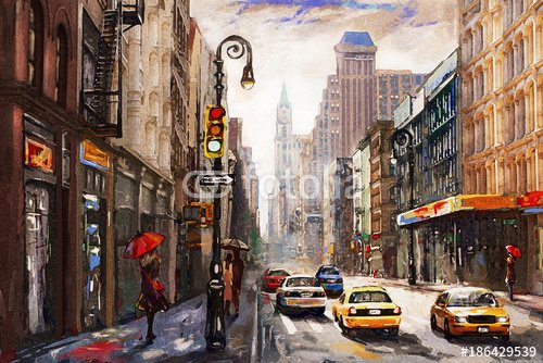 oil painting on canvas, street view of New York, man and woman, yellow taxi, ... - 901150860