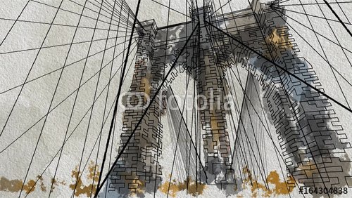 Watercolor style illustration of the Brooklyn Bridge in New York. Down view. 