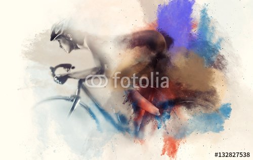 Woman on a bicycle combined with an abstract watercolor - 901150813