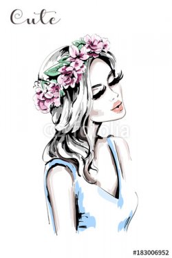 Beautiful woman with flower wreath in her hair. Hand drawn cute girl. Fashion... - 901150907