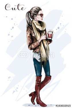 Elegant beautiful young woman with paper coffee cup. Hand drawn fashion woman... - 901150913